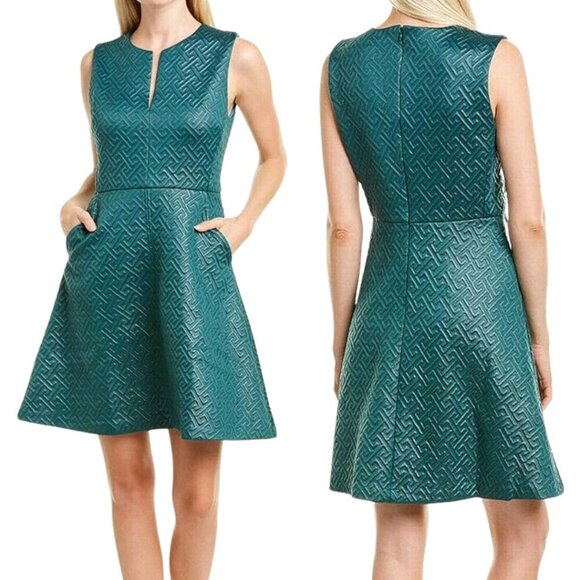 Natori Lustrous Textured Quilted Fit & Flare Dress Womens 12 Green Cocktail NWOT - Picture 1 of 14
